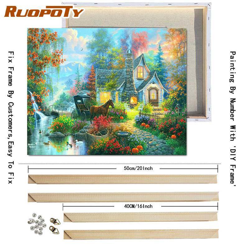 RUOPOTY Oil Painting By Numbers Lake Landscape Handpainted Unique Gift Pictures By Numbers Pavilion Spring For Adults Home Decor