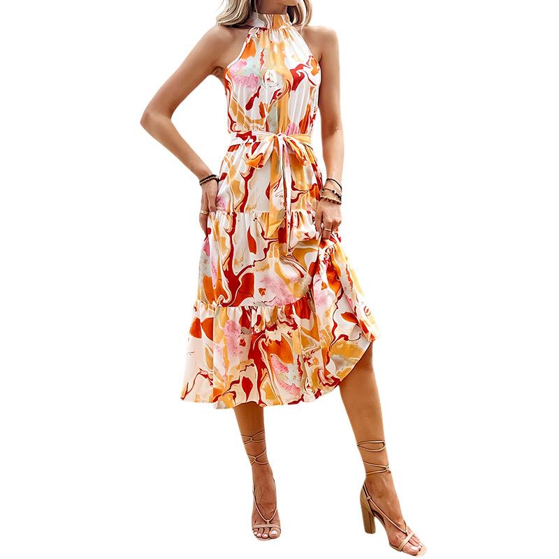 Twenty summer women's new bohemian print sleeveless pendulum ruffle edge fashion dress