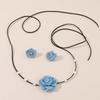 Temperament Blue Flower Pearl Pendant Necklace Earrings Set for Women Trendy Long Bowknot Rope Chain Chokers Party Jewelry Set