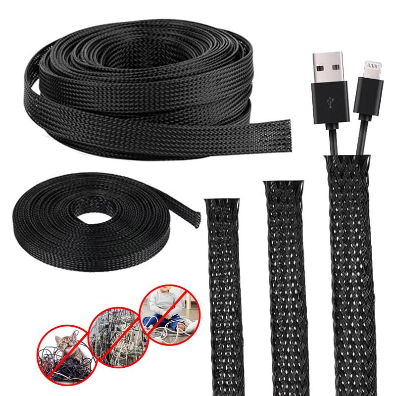 3m/9.85ft PET Expandable Braided Sleeving Flexible Wire Loom Mesh Sleeve Black for TV Audio PC Cords Protect From Pets Chewing