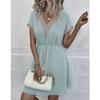 Solid Color Short Sleeved Lace V-neck Waist Cinched Dress