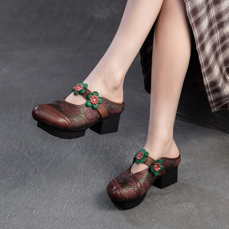 Johnature Ethnic Style Thick Heel Round Toe Outdoor Slippers Retro Printed Genuine Leather Women's Shoes