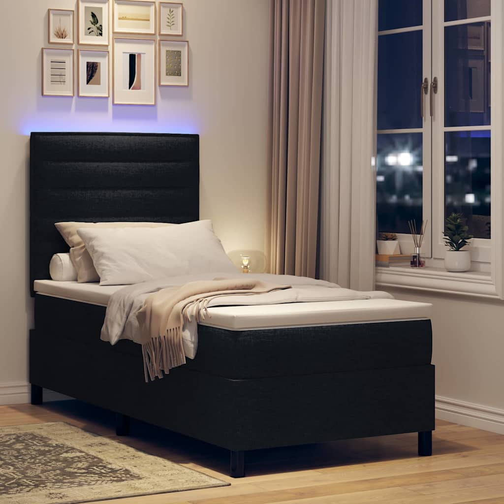 Box Spring Bed with Mattress and LED Lighting Black 90 x 200 cm Fabric