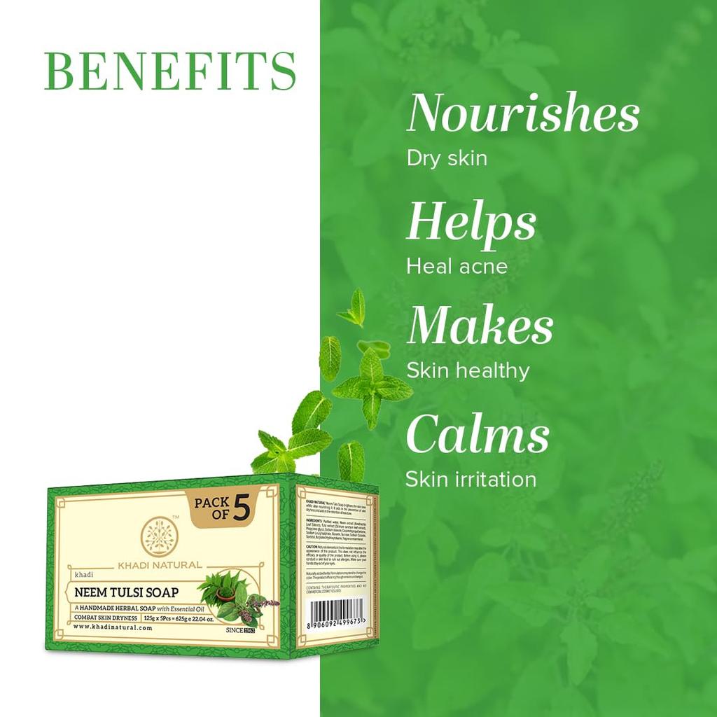 Khadi Natural Neem Tulsi Handmade Soap Pack of 1 125g x 5pcs | Herbal Bath Soap for All Skin Types