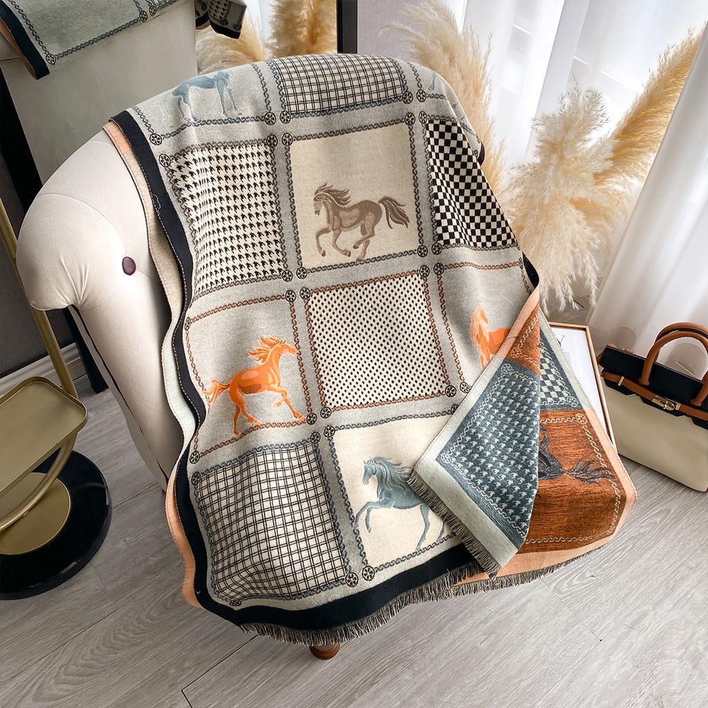 New Women Imitation Cashmere Two Sided Horse Print Scarf Soft Warm Pashmina Shawl Autumn Winter Coldproof Windproof Blanket