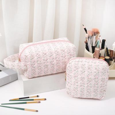 Sac à Maquillage et Articles de Toilette en Coton Floral Grande Capacité