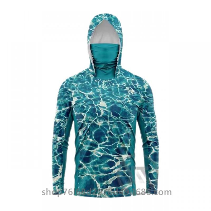 Mens Quick-Dry Ice Silk Long Sleeve Fishing Shirt With Hood Integrated Face Cover Camo Outdoor Performance Top