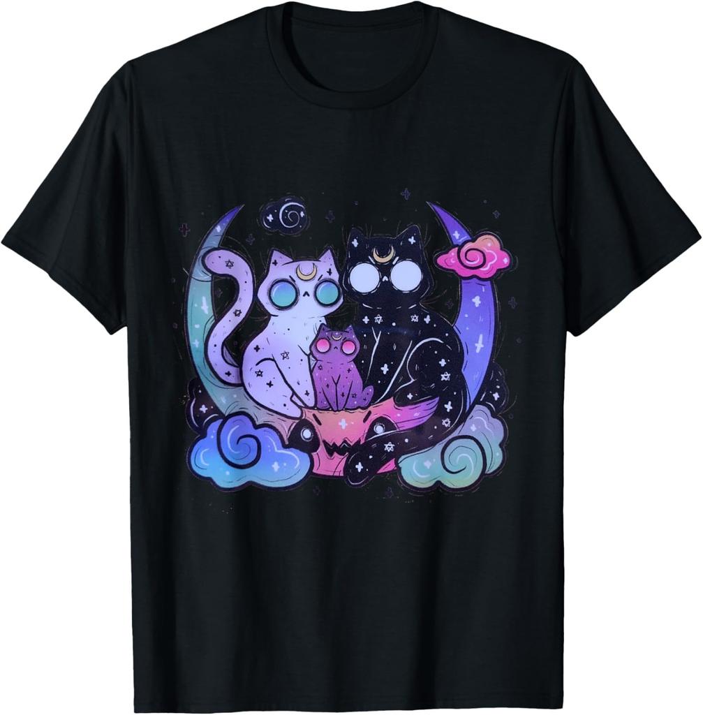 Kawaii Pastel Goth Cute Creepy Cat Bat Skeleton T-Shirt Print Original Design Gifts T Shirts Mens Clothing Camisas Streetwear