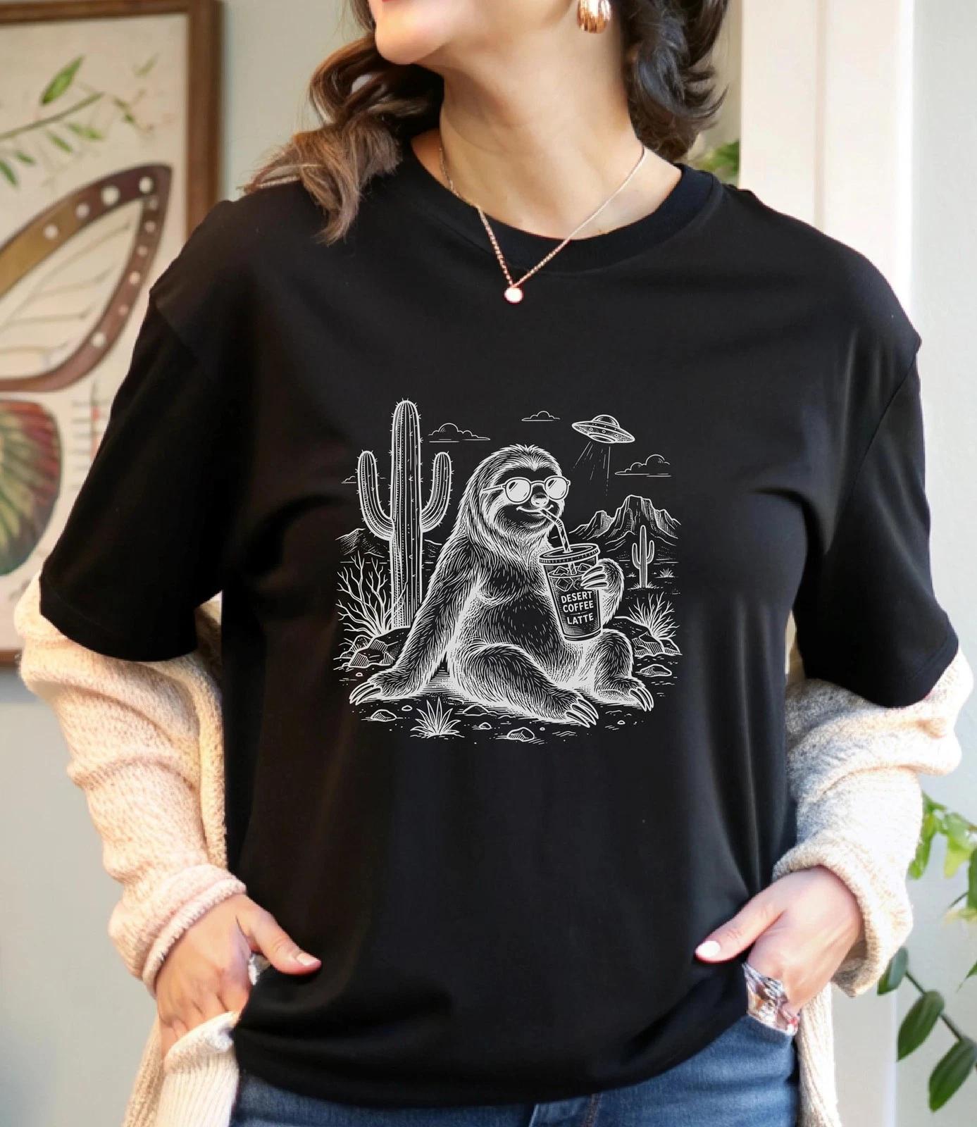 Desert Sloth T-Shirt, Coffee Lover Funny Tee, Saguaro Cactus UFO Alien Design, 2XL