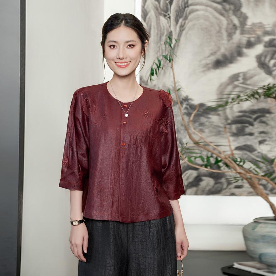 

Дизайнерская шелковая блузка из пряжи «ароматное облако», женская, с рукавом три четверти, летняя новинка, с круглым вырезом, топ из шелка тутового дерева XXL тёмно-рыжий