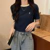 Design Niche Embroidered Short-sleeved Tops for Women Summer 2024 New Waffle Round Neck Contrasting Shoulder T-shirt Ins