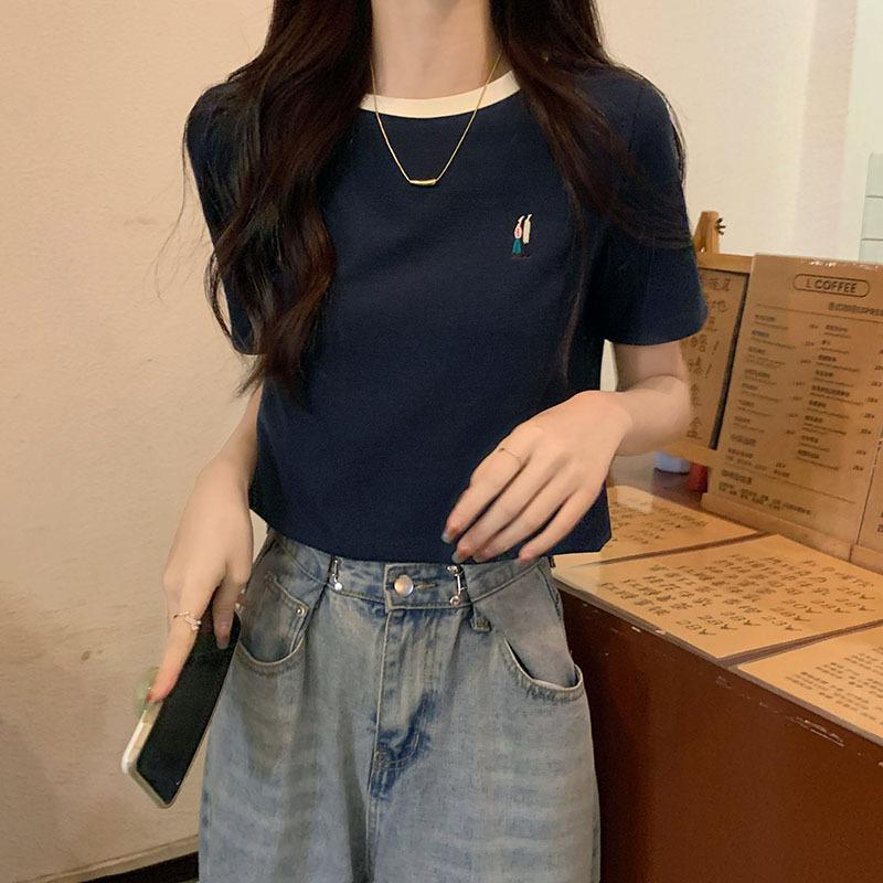 Design Niche Embroidered Short-sleeved Tops for Women Summer 2024 New Waffle Round Neck Contrasting Shoulder T-shirt Ins