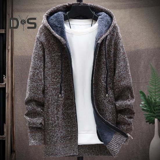 Winter Men Jacket Thickened Fleece Hooded Drawstring Zip-up Long Sleeves Sweater Coat Pockets Elastic Cuff Retro Knitted Daily Wear Outerwear Jacket