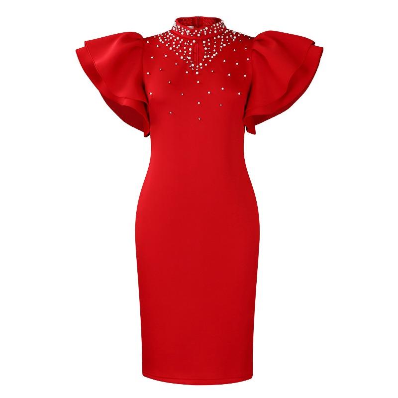 

Женское новое модное сексуальное платье для вечеринки с рукавами-лепестками лотоса и бусинами, африканское платье XXXL красный