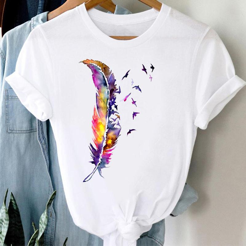 (European Size) Vintage Bird Watercolor Feather Women Print Short Sleeve Tee Top Fashion Tshirt Clothing Casual Summer Lady Female Graphic T-shirt