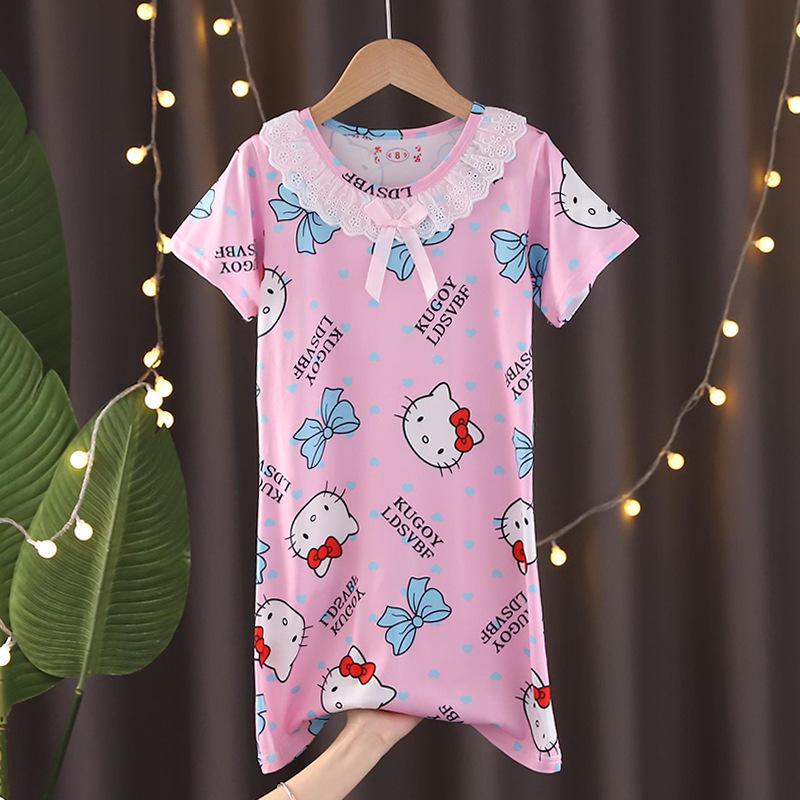 Lace Short Sleeve Cartoon Nightgown for Girls - Summer Pajamas