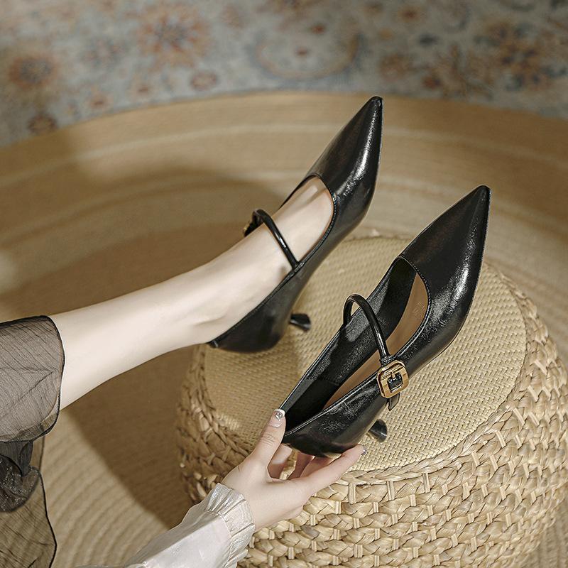 Pointed single shoes medium heel one-word strap high heels stiletto soft leather Mary Jane shoes
