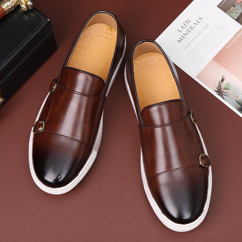 New Black Men Sneakers Slip-On Solid Double Buckle Brown Platform Shoes Men's Vulcanize Shoes  Size 38-46