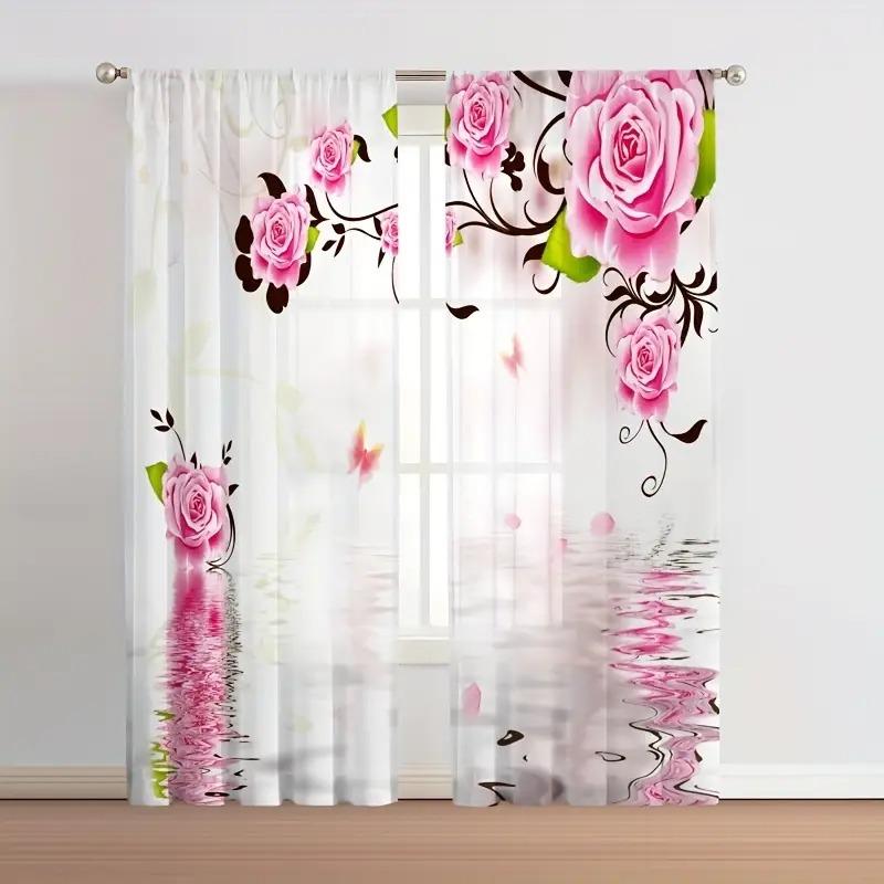 Chic Light Filtering White Stone Purple Rose Floral Voile Curtain Living Room Bedroom Kitchen Window Decor Geometric Flowers Tulle Curtains Polyester