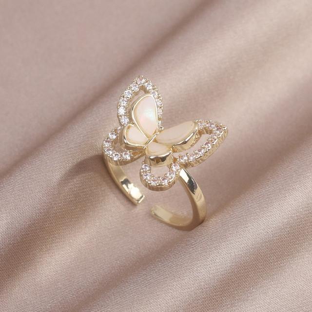 

Новое модное ювелирное изделие из Южной Кореи, 14-каратное настоящее золотое покрытие, двойное кольцо-бабочка с цирконием, элегантное женское регулируемое кольцо с отверстием Resizable белый