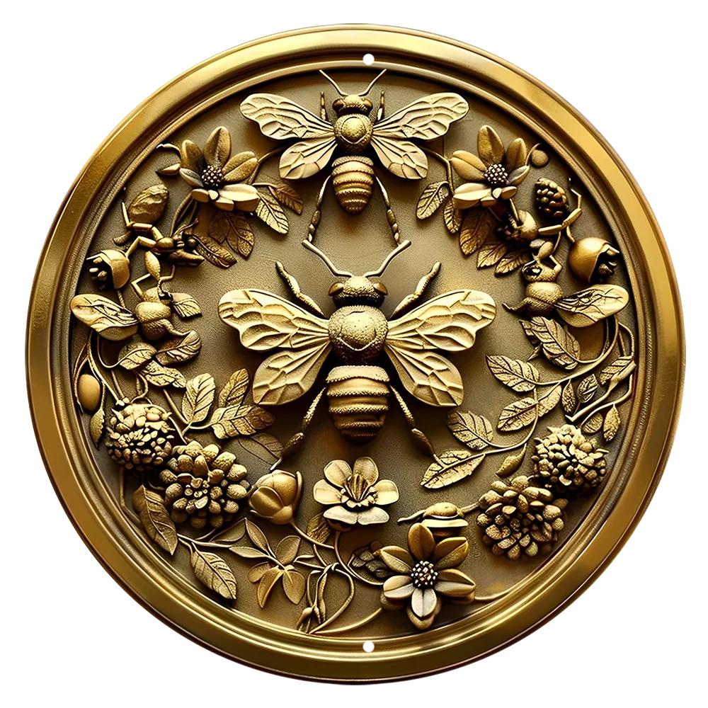 Round Metal Aluminum Sign Bee & Honeycomb Decorative Plates Entrance Decor Gift Mask Theme For Bar Club Home Room Wall Decor