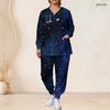Women Plus Size Dark Blue Printed V Neck Long Sleeve Nurse Scrub Two Piece Set With Pockets