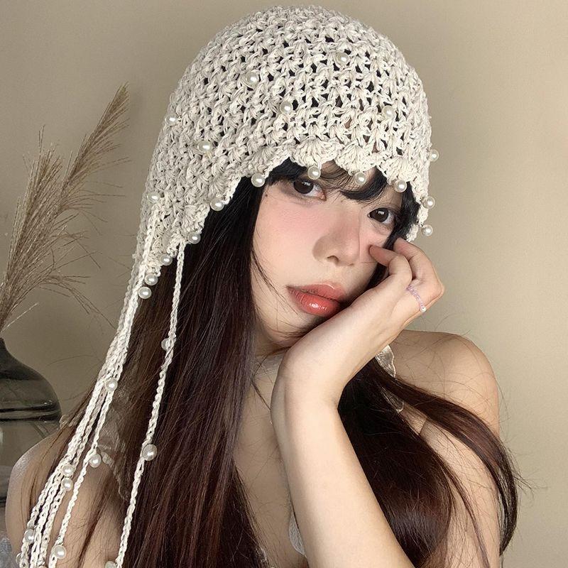 Women's Summer Hollow-out Pearl Tassel Pendant Head Wrap Hat Ethnic Style Knit Slouchy Hat Retro Face Slimming Cap
