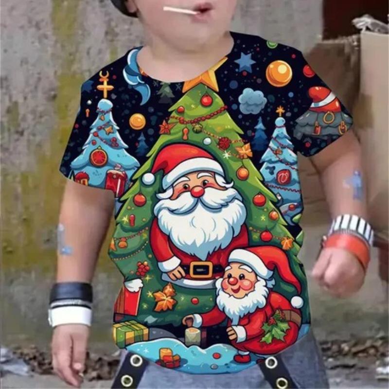 Tricouri de Anul Nou pentru Copii cu Imprimeu Moș Crăciun Băieți Top Confortabil de Modă Mânecă Scurtă