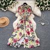 French light and mature style retro printing lapel dress women's summer waist high-end feeling thin and big pendulum temperament long dress
