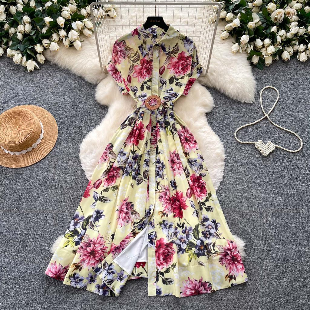 French light and mature style retro printing lapel dress women's summer waist high-end feeling thin and big pendulum temperament long dress