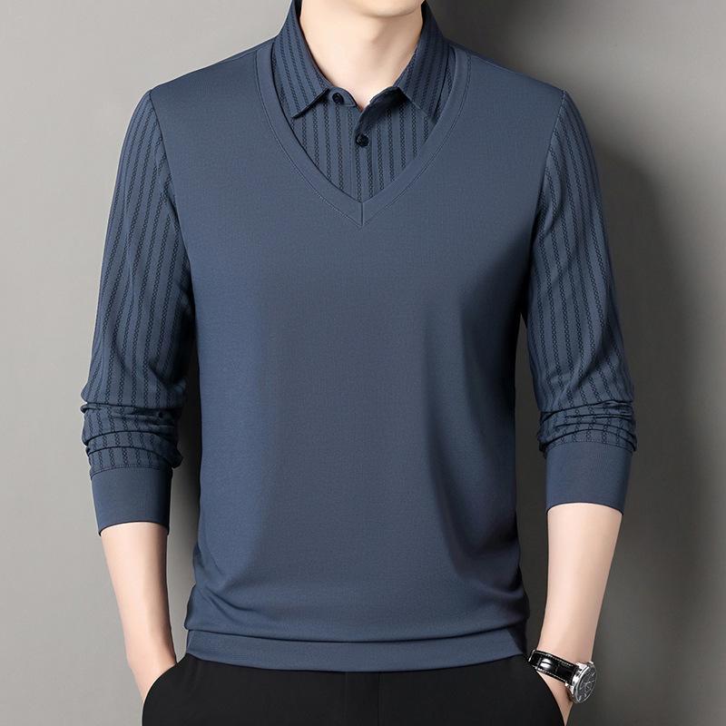 Fake Two-Piece Knitted Sweater Business Casual T-Shirt Loose Men'S Long-Sleeved Polo Shirt Base