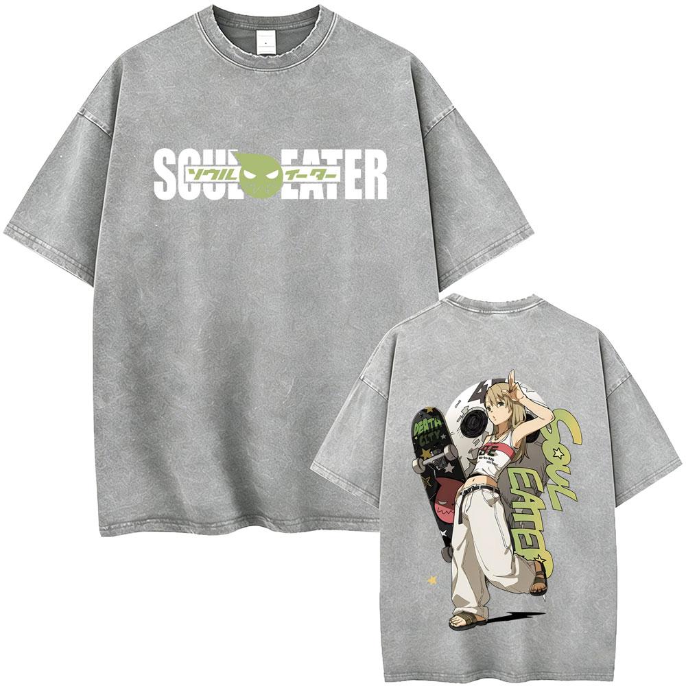 Washed Vintage Anime Soul Eater Maka Albarn Soul Evans Graphic Tshirt Mens Retro Manga T Shirts Men Cotton Oversized Tshirts