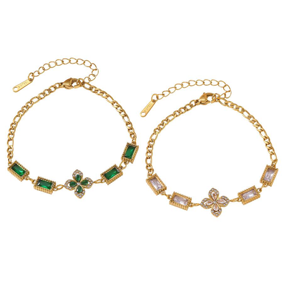 Emerald Four-Leaf Clover Bracelet - Luxury Women's Stainless Steel & Zirconia Jewelry, INS Style