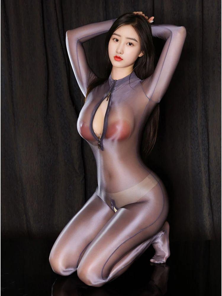 M Xl Glossy Shiny Nylon Bodystocking Catsuit Zipper Bust Open Crotch Bodysuit Tights Leotard Conjoined Jumpsuit Unitard Lingerie
