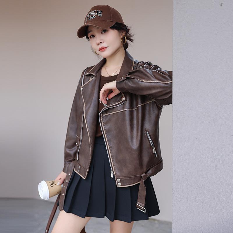 

Ретро американская куртка из искусственной кожи весна и осень новый стиль потертая кожа стираная старая свободная универсальная кожаная куртка куртка модная женская 2XL