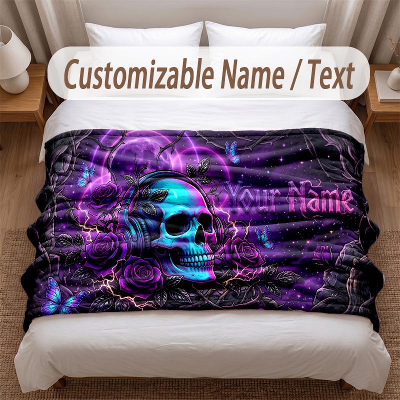 Skull Gothic Theme Soft Blanket Personalized Custom Name Text Print Warm Blanket Home Sofa Bedroom Decor