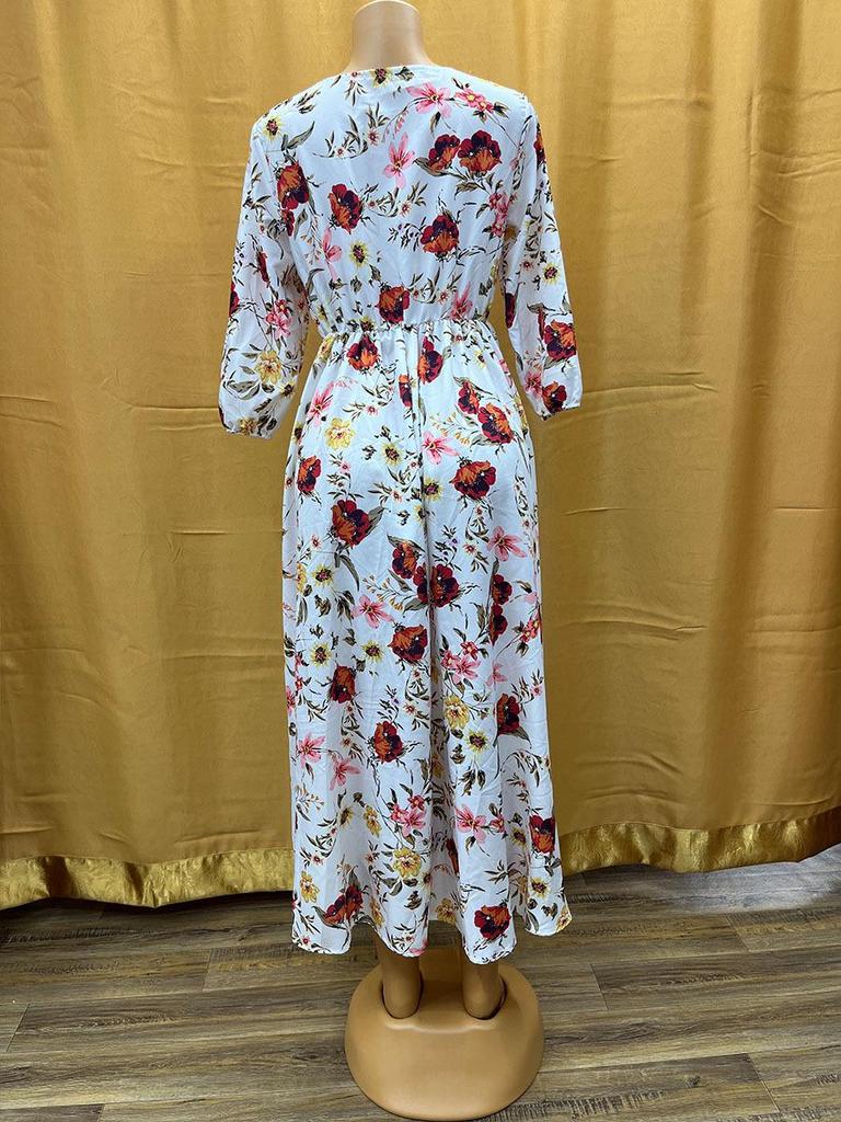 Retro Floral Long Dress with Round Neck and Large Swing - 2024 European & American Style