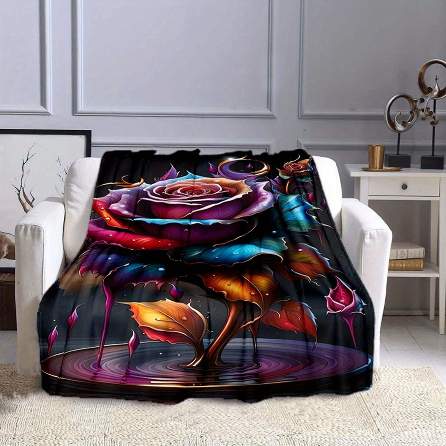 1pc Rose Print Blanket, Flannel Blanket, Soft Warm Throw Blanket Nap Blanket For Couch Sofa Office Bed Camping Travel 130cmx150cm