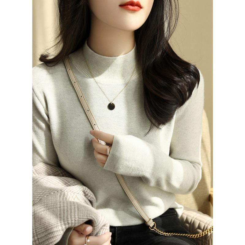 Black Knitted Bottoming Shirt Women's Spring and Autumn New Slim-fit Semi-turtleneck Long-sleeved Solid-color Inner Sweater