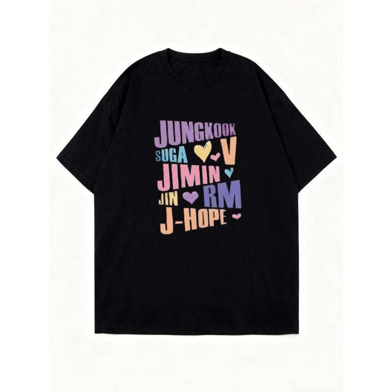Übergroßes T-Shirt Schwarz Jungkook Suga V Jimin Jin Rm J Hope Kpop Bandmitglieder Namen und Herzen Print Lässige Streetwear für Frauen Unisex Mode Oberteil