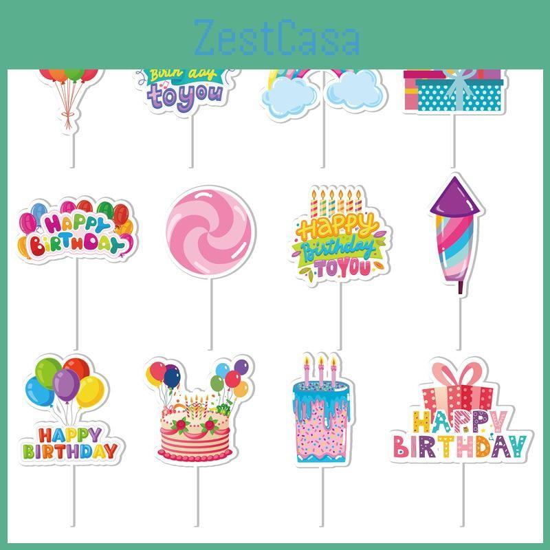 Birthday Happy Cake Toppers With Paper Flags For Party Decoration Set Of 12