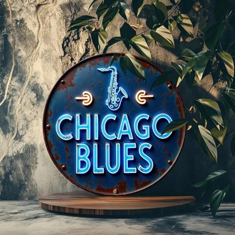 Vintage Chicago Blues Saxophone Neon Tin Metal Wall Art for Home Bar Cafe Decor