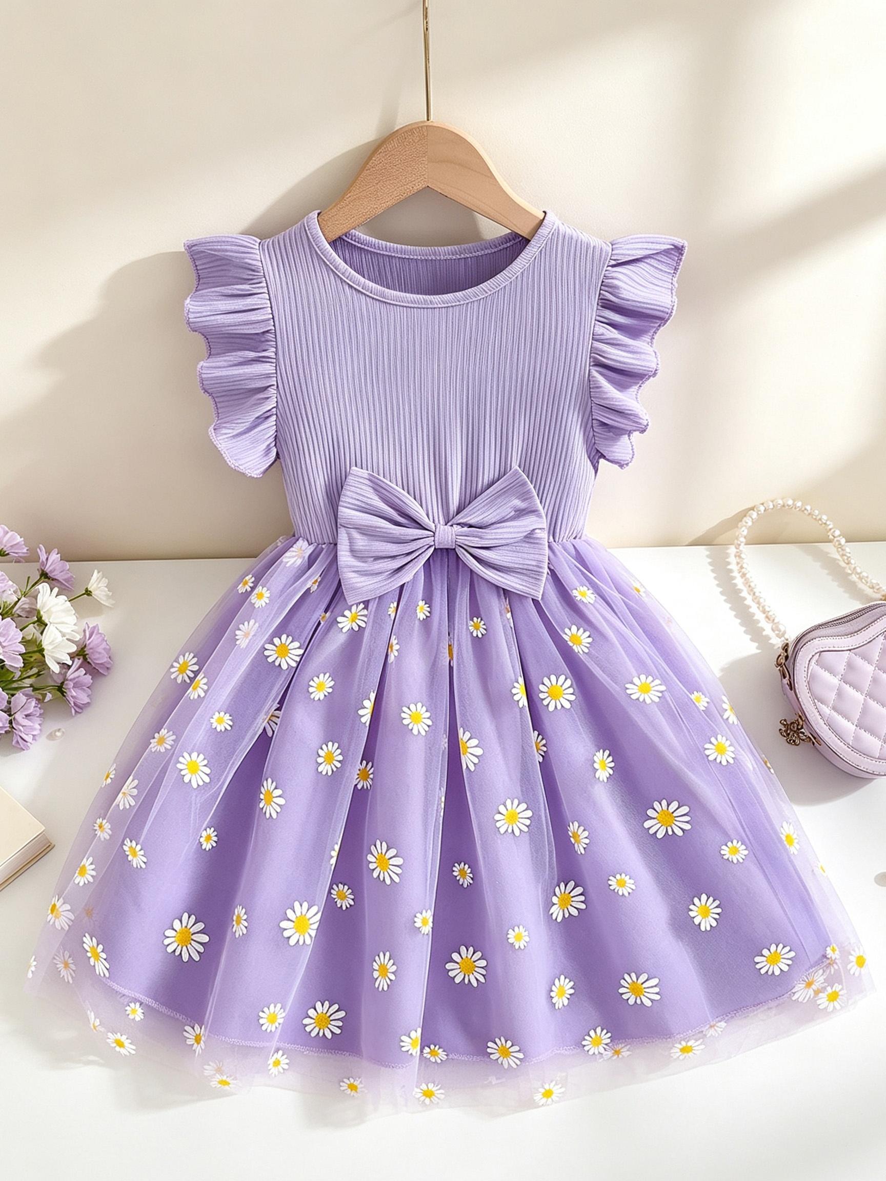 Girls Cap Sleeve Lavender Daisy Tulle Dress Kids Spring Summer Garden Tea Party Princess Dress 1-2Y