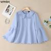 VONDA Women Casual Turn Down Collar Flare Sleeve Casual Loose Blouse