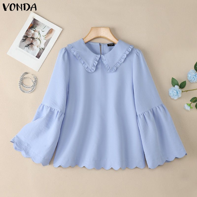 VONDA Women Casual Turn Down Collar Flare Sleeve Casual Loose Blouse