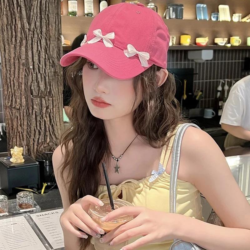 Sweet Korean Pink Bow Baseball Cap For Lady Girl Soft Cotton Adjustable Peaked Hat Outdoor Wide Brim Sun Protection Visors Hats