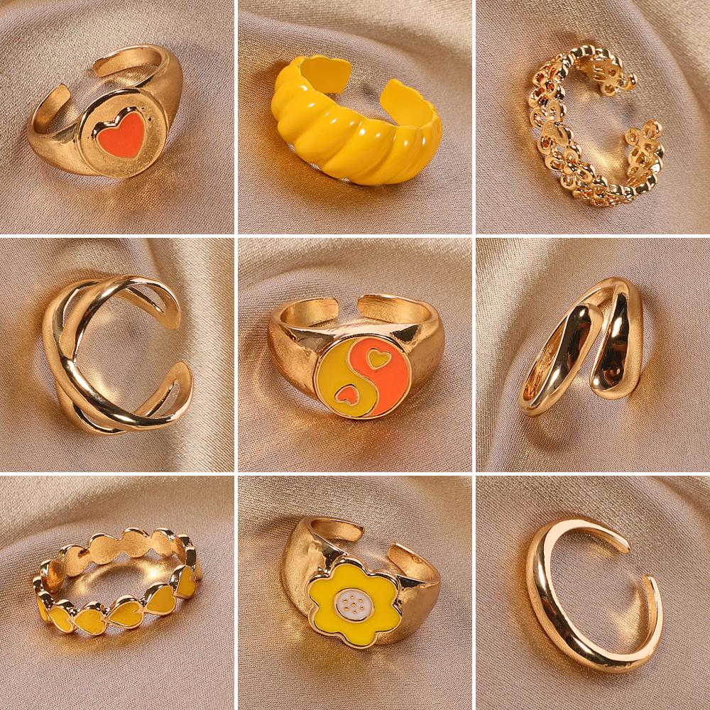 9pcs Gold-color Ring Set Women Fashion Trend Wind Open Finger Ring Yellow Department Zinc Alloy Jewelry