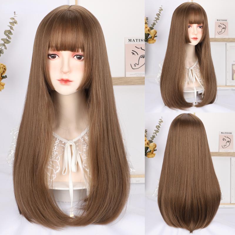 Gold Long Straight Wig Princess Bangs 26 Inch Fiber Synthetic Heat-resistant Sweet And Natural Party or Selfie For Women Korean Fashion