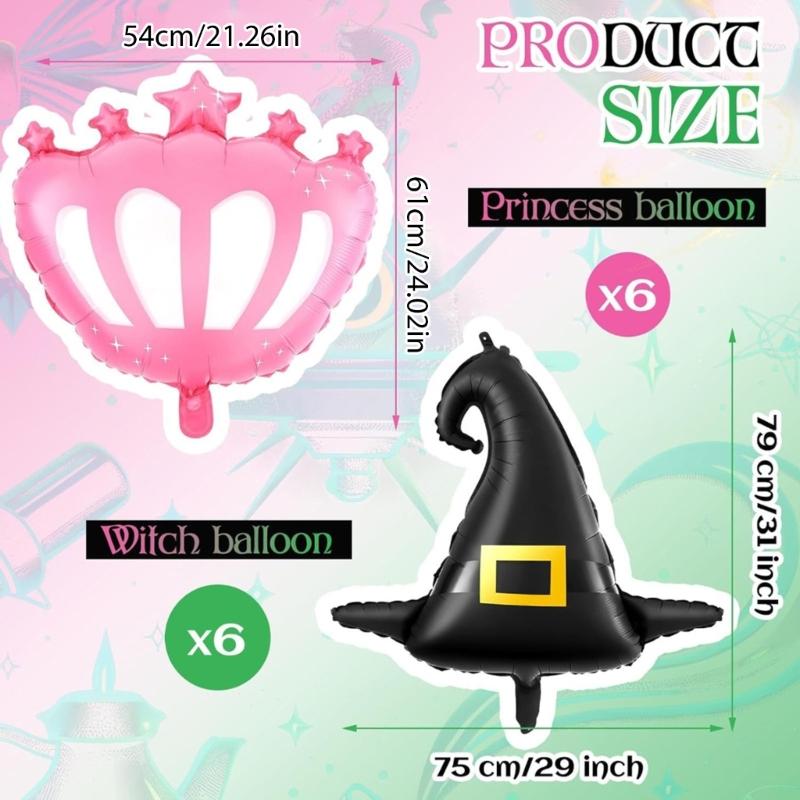 12Pcs Wicked Party Balloons Accessory Set Wicked Party Balloons Black Witch Hat and Pink Princess Crown Decoration