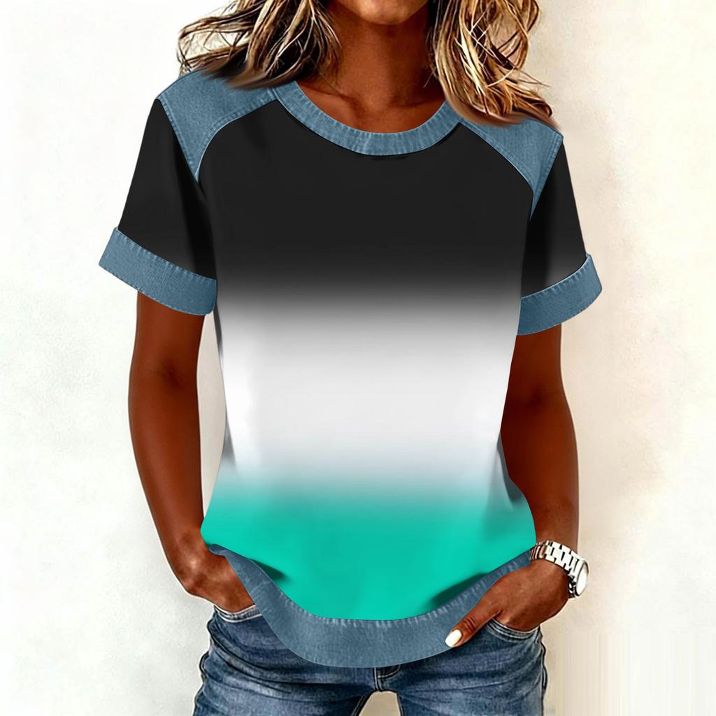 Women Denim Collar Patchwork Stitching Sweatshirt Casual  Printed Pullover Short Sleeve Shirts